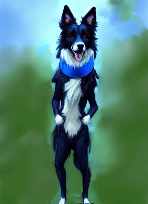 Prompt: full body portrait of a cute male anthropomorphic border collie fursona wearing a blue dog collar and standing in the rain, beautiful, model pose, realistic proportions, highly detailed, scenic background, trending on artstation, art by charlie bowater and henry asencio and and ross tran