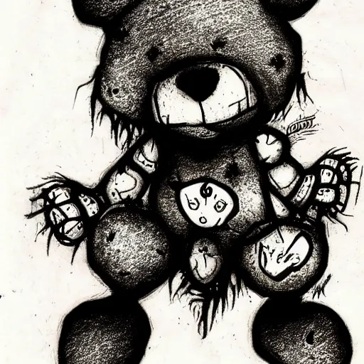 Prompt: grunge drawing of a cartoon teddy bear by mrrevenge, corpse bride style, horror themed, detailed, elegant, intricate