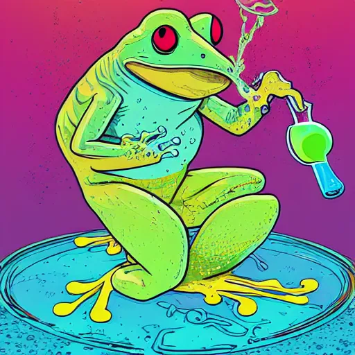 Image similar to frog drinking with crazy bunny with steam coming out from ears, by josan gonzales and Dan Mumford