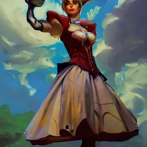 Image similar to greg manchess portrait painting of partially armored alice in wonderland as overwatch character, wacky, medium shot, asymmetrical, profile picture, organic painting, sunny day, matte painting, bold shapes, hard edges, street art, trending on artstation, by huang guangjian and gil elvgren and jesper ejsing