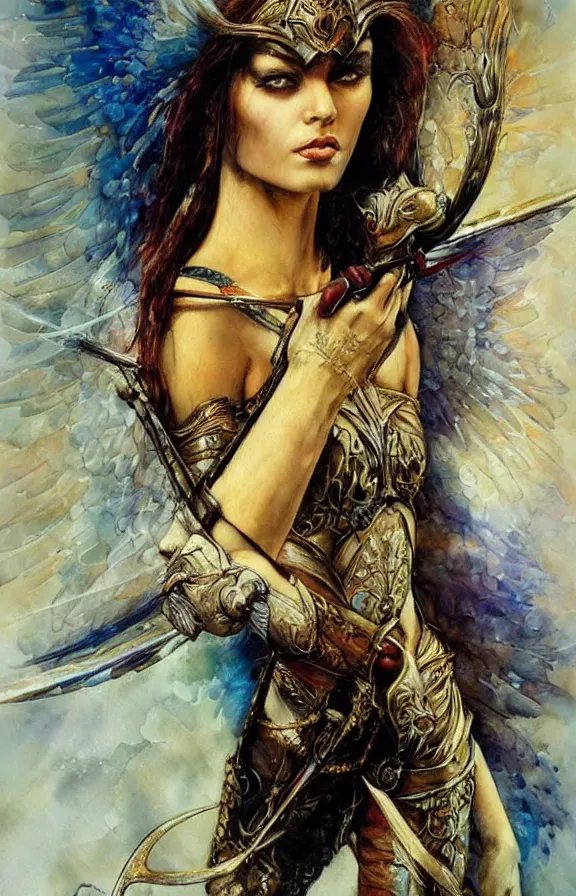 Image similar to a beautiful young medieval warrior, by karol bak, fine art, watercolor, technicolor, angelic