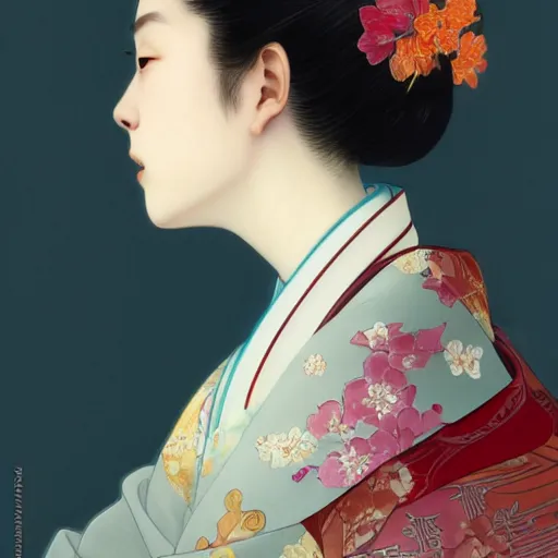 Prompt: side portrait of a young japanese woman wearing a kimono, long hair, headshot, hyper realistic, pale skin, bright red hair, 4k, rule of thirds, extreme detail, detailed drawing, trending artstation, hd, fantasy, D&D, realistic lighting, by Alphonse Mucha, Greg Rutkowski, sharp focus, backlit, elegant