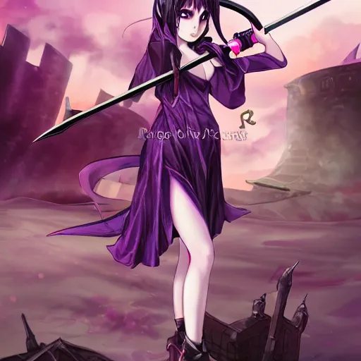 Prompt: gloomy black haired demon girl with demon horns in a pretty mid-length black dress with a katana in front of a dystopia purple colored city which is destroyed, picking up a flower, high detail photo