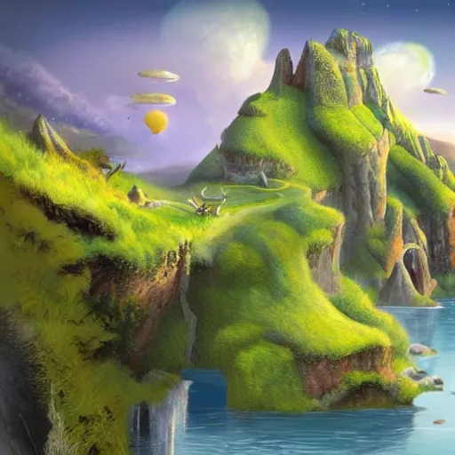 Prompt: fantasy illustration of a lush natural scene on an alien planet by brian millar. detailed. beautiful landscape. colourful weird vegetation. cliffs and water.