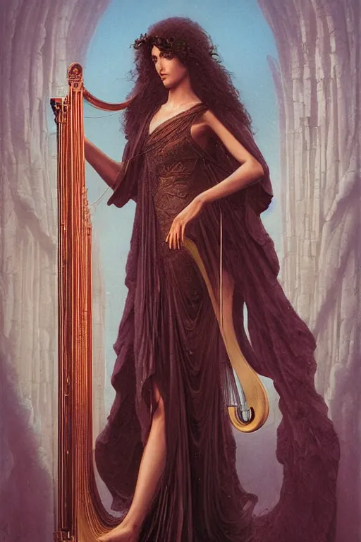 Prompt: sappho playing the harp, tarot card by wayne barlowe and tom bagshaw