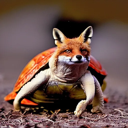 Image similar to mixture between a turtle and a fox, fox turtle hybrid, national geographic, photo, distance shot,