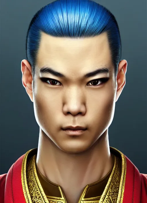 Prompt: male martial artist with a mostly shaved head and a high ponytail!!! asian facial features and blue eyes!! intricate ornate blue robes!! character concept art, sharp focus, octane render! unreal engine 5! highly rendered!! trending on artstation!! detailed linework!! illustration by artgerm, wlop, and chie yoshii