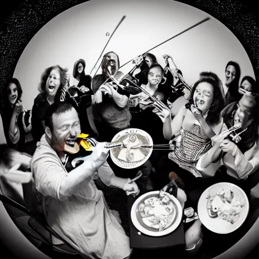 Image similar to laughing drunk people eating spaghetti and playing violins. highly detailed flash photography. fisheye lens