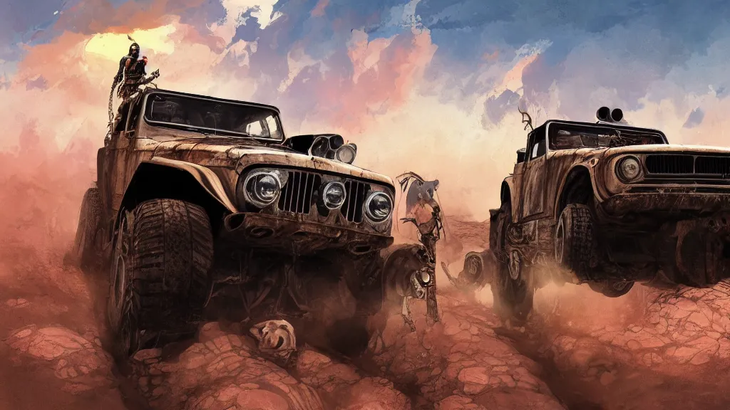 Image similar to digital illustration of mad max's fj 4 0 pursuit special riding fury road eternal shiny and chrome, world of fire and blood, the last v 8 interceptor driving down to the gates of valhalla highway, anime style, year 2 0 9 3, by makoto shinkai, ilya kuvshinov, lois van baarle, rossdraws, basquiat