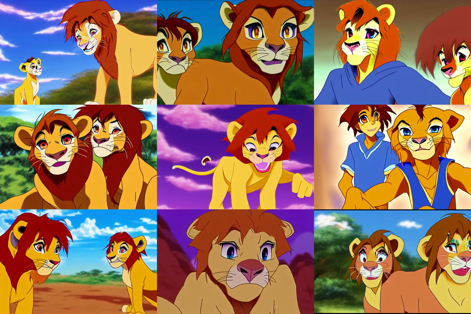 Prompt: simba from the lion king trapped in anime purgatory until he figures it's full of cringe, has a nervous breakdown, and retreats into highschool rp with his tulpas