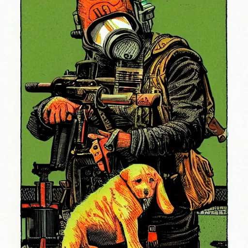 Prompt: detailed grainy risograph, dogs with gas mask and gun, cyberpunk, vivid colors, by moebius and lehr paul and kim jung gi
