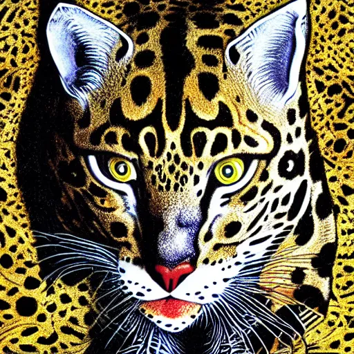 Prompt: ocelot face, by dan hillier, dmt colors