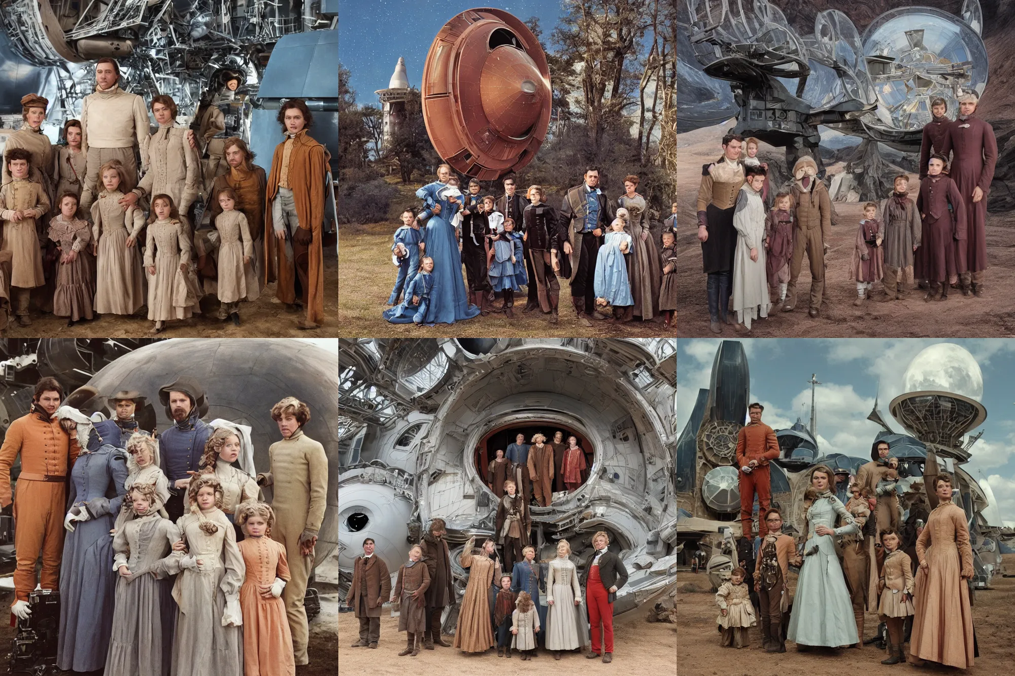 Prompt: highly detailed, 513435456k film, 8400mm film still from a sci fi blockbuster color movie made in 2019, set in 1860, of a family standing in front of a spaceship that has just landed on an alien planet, the family are all wearing 1860s era clothes, good lighting, good photography, ultra high definition