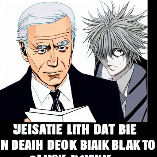 Image similar to biden in death note, anime style, holding black notebook