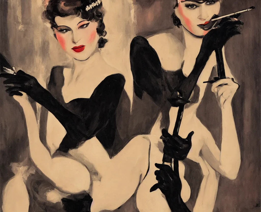 Prompt: realistic painting of a 1 9 2 0 s short - haired flapper woman in black satin gloves holding a long cigarette holder, at a jazz party in a dimly lit speakeasy, realism painting, precise, cohesive, stylistic, cinematic, low - lighting