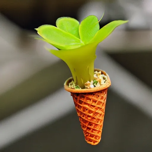 Prompt: A venus flytrap plant, licking an ice cream cone