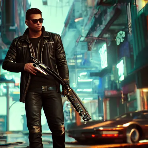 Prompt: a detailed full bodied 3 d render of an extremely handsome jensen ackles as the terminator walking down a dark alley in cyberpunk 2 0 7 7, holding futuristic crossbow, volumetric lighting, octane render, 8 k, art by hayao miyazaki and hideo kojima