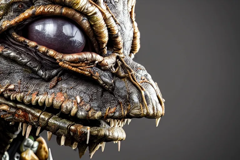 Image similar to photo taken of an epic intricate, ultra detailed, super realistic gritty, hero prop, exquisitely weathered animatronic movie prop of a lifelike sculpture of a nightmarish creature displayed in the workshop, created by weta workshop, full body shot, photorealistic, sharp focus