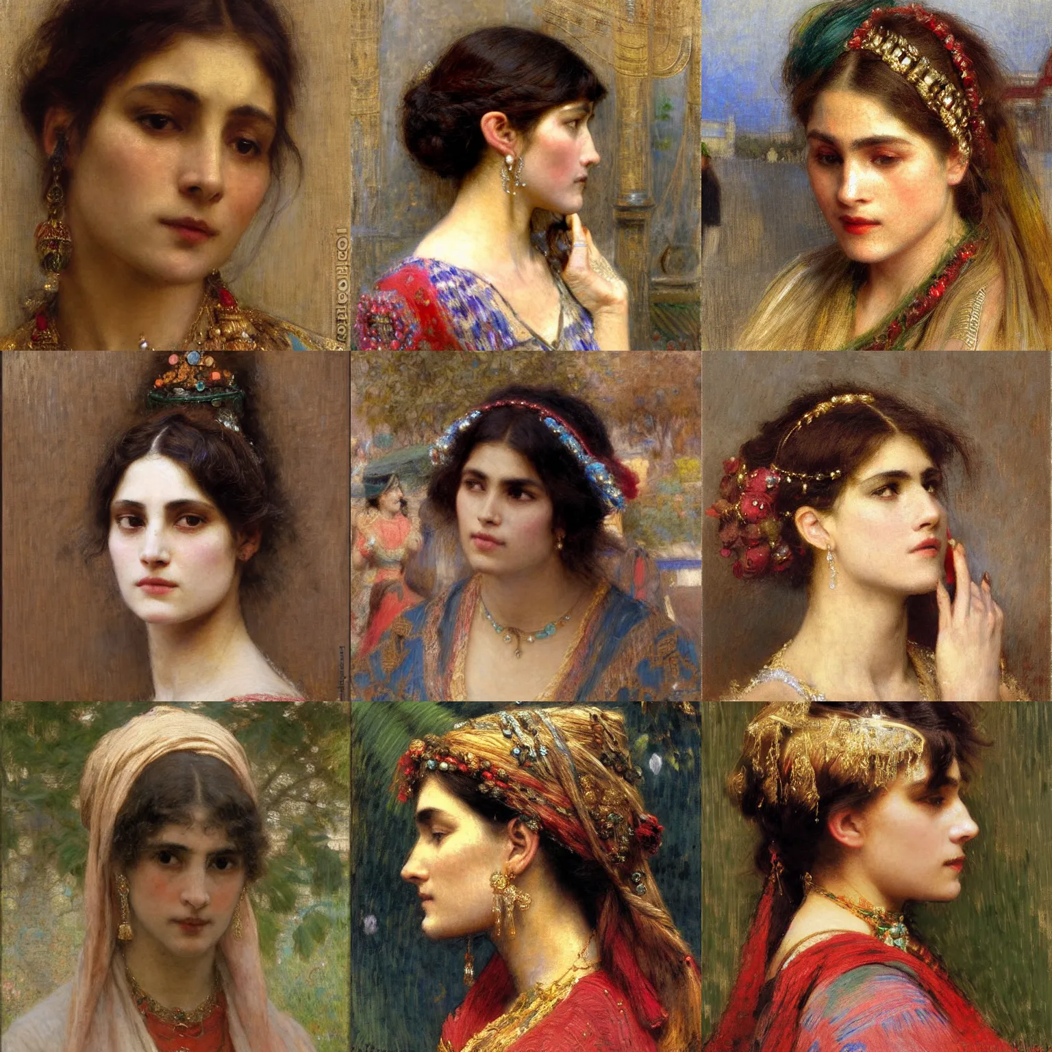 Prompt: orientalism woman wearing jewels in her hair standing in a market face detail by theodore ralli and jules bastien - lepage and and annie swynnerton, masterful intricate artwork, excellent lighting, high detail 8 k