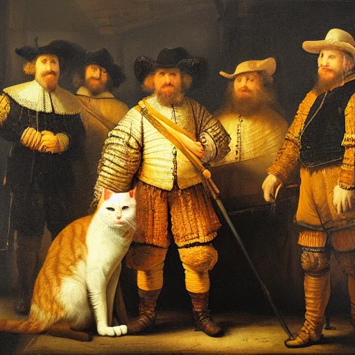 Prompt: oil painting by rembrandt of the night watch with extra cat.