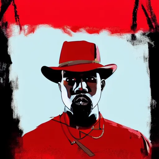 Image similar to kanye west in illustration red dead redemption 2 artwork of kanye west, in the style of red dead redemption 2 loading screen, by stephen bliss