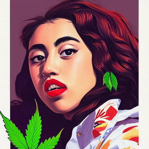 Prompt: 1 9 9 7 high times magazine kali uchis portrait painting, marijuana, by sachin teng