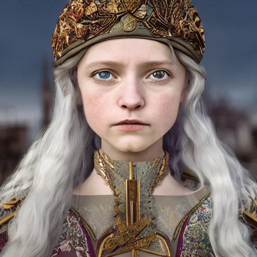 Prompt: character portrait of the white queen thomasin mckenzie with gorgeous detailed eyes in the marketplace in the sky, color page, tankoban, 4 k, tone mapping, doll, akihiko yoshida, james jean, andrei riabovitchev, marc simonetti, yoshitaka amano, kentaro miura, long hair, curly