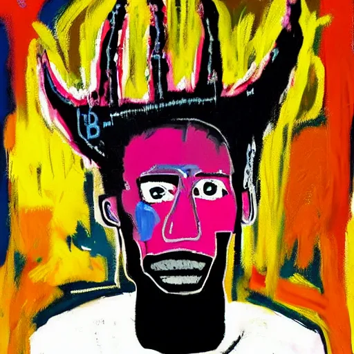 Image similar to Digital art, Oil on canvas, jean-Michel Basquiat style of A mirror selfie of a black handsome muscular man with white angel wings and black devil horns holding an iPhone, pitchfork, full body, pink background, abstract jean-Michel Basquiat!!!!!!!! oil painting with thick paint strokes!!!!!!!!, oil on canvas, aesthetic, y2k!!!!!!, intricately!!!!!!!! detailed artwork!!!!!!!, trending on artstation, in the style of jean-Michel Basquiat!!!!!!!!!!!!, by jean-Michel Basquiat!!!!!!!!!!!, in the style of jean-Michel Basquiat!!!!!!!!!!!, in the style of jean-Michel Basquiat!!!!!!!!!!!, in the style of jean-Michel Basquiat!!!!!!!!!!!, in the style of jean-Michel Basquiat!!!!!!!!!!!, in the style of jean-Michel Basquiat!!!!!!!!!!!, david choe