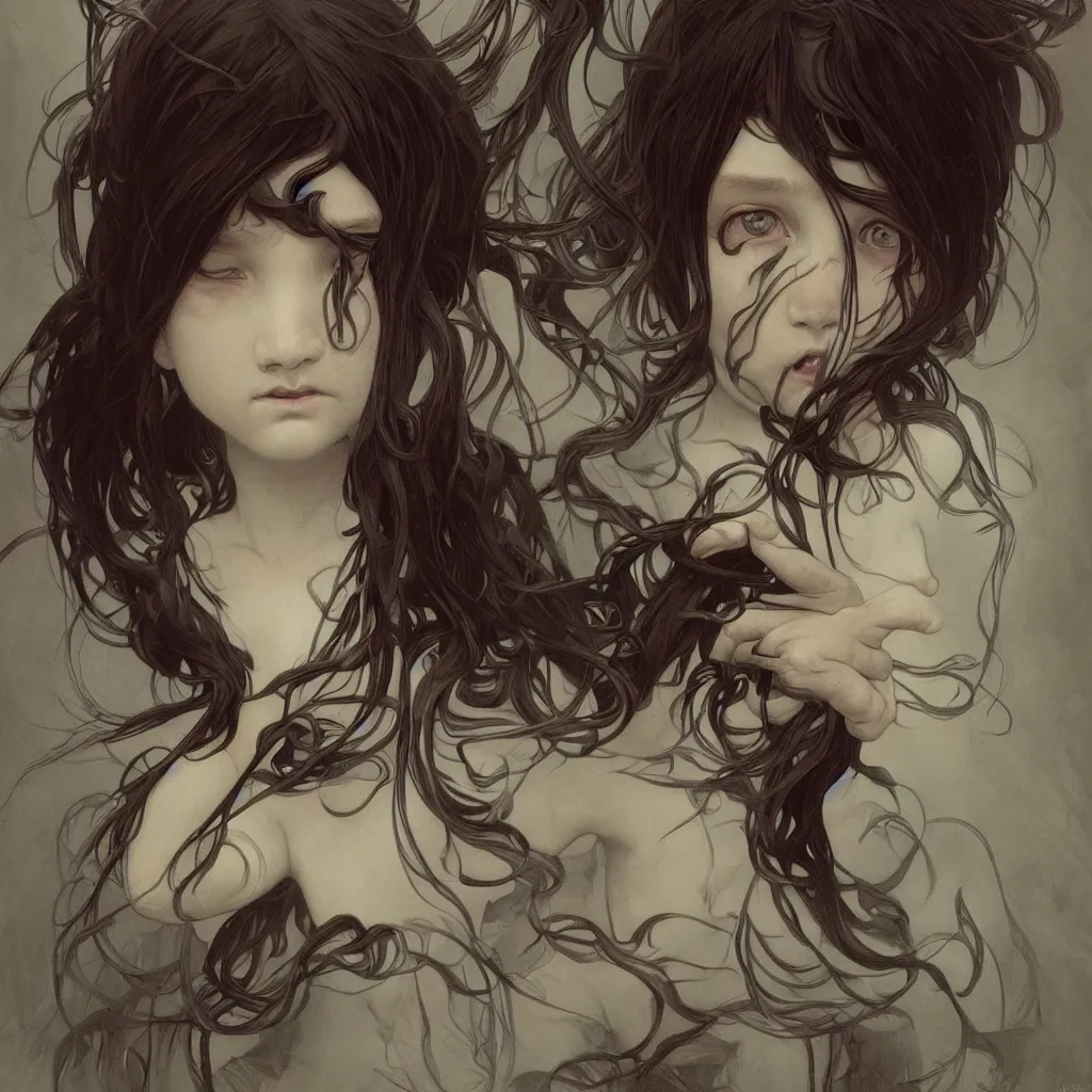 Image similar to a portrait of a child demon with dark hair!! by ross tran!!! and alphonse mucha and greg rutkowski! and gustav dore! and zdzisław beksinski!, in style of digital art illustration. symmetry. highly detailed face. fantasy, smooth, hyper detailed, sharp focus, soft light. trending on artstation.