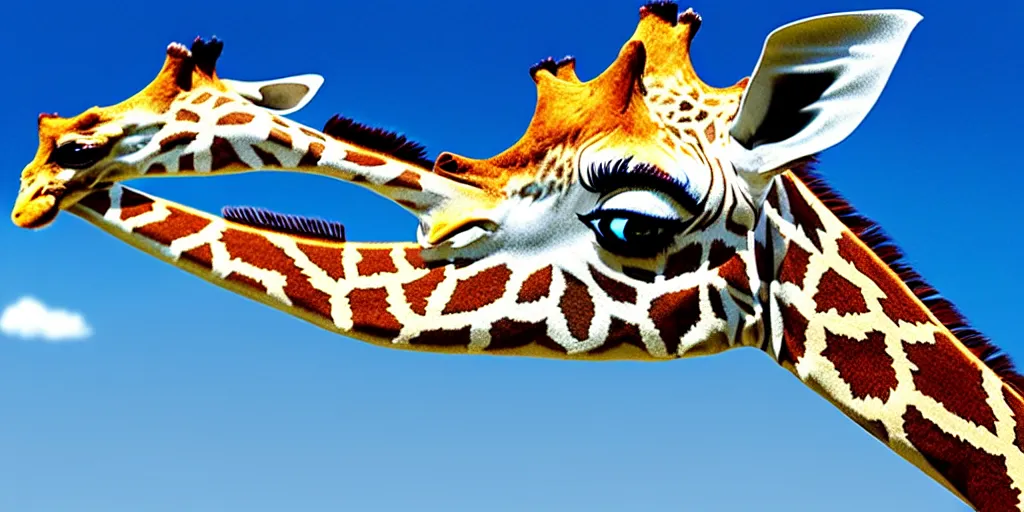 Image similar to giraffe with big blue feathered wings on its back, full body shot, wings, by studio ghibli