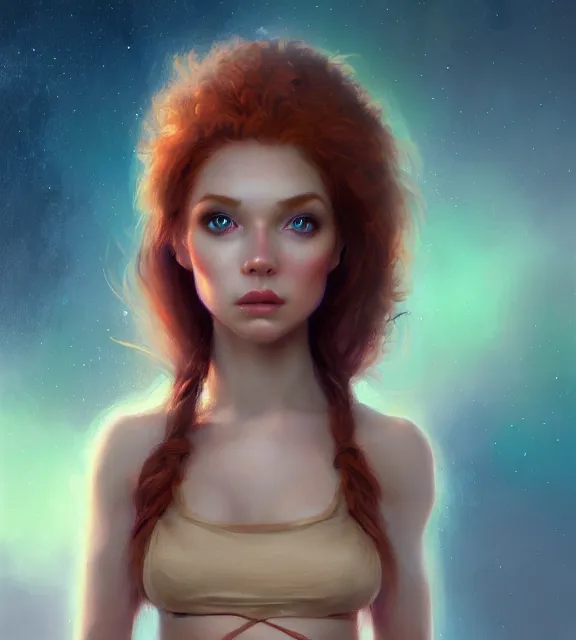 Image similar to cute female gnome, perfect face, beige halter top, auburn hair, abs, cinematic, blush, stunning, elegant, highly detailed, psychedelic, digital painting, artstation, smooth, hard focus, illustration, art by jessica rossier and and brian froud