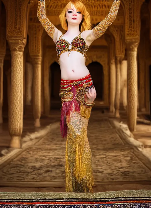 Prompt: portrait of emma stone as a belly dancer in a persian palace, by charlotte grimm, natural light, detailed face, beautiful crossed hands,, canon eos c 3 0 0, ƒ 1. 8, 3 5 mm, 8 k, format print, half body shot