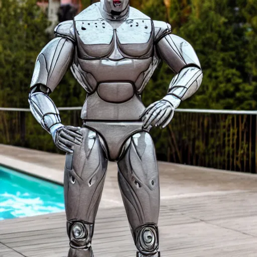 Prompt: a realistic detailed photo of a guy who is an attractive humanoid who is half robot and half humanoid, who is a male android, wrestler john cena, shiny skin, posing like a statue, blank stare, by the pool, on display, showing off his muscles, humanoid robot, frozen ice statue