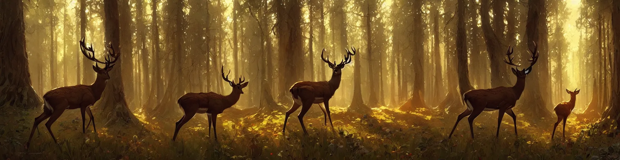 Image similar to Deer in Sherwood Forest, highly detailed, digital painting, artstation, concept art, smooth, sharp focus, illustration, art greg rutkowski and alphonse mucha