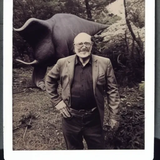 Image similar to old polaroid photo of an old man hunter standing proudly next to a triceratops corpse