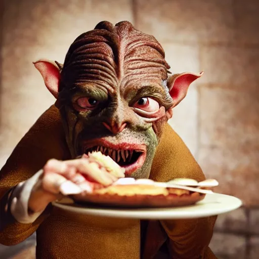 Image similar to closeup portrait of a medieval goblin eating cakes in the cloisters, depth of field, zeiss lens, detailed, symmetrical, centered, fashion photoshoot, by annie leibovitz and steve mccurry, david lazar, jimmy nelsson, breathtaking, 8 k resolution, extremely detailed, beautiful, establishing shot, artistic, hyperrealistic, beautiful face, octane render