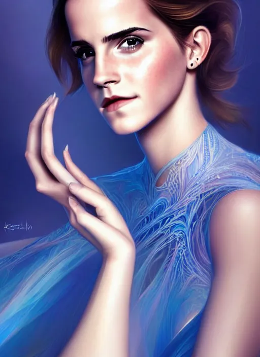 Prompt: portrait of emma watson, fractal blue dress, digital art by artgerm and karol bak, cinematic lighting, trending on artstation, intricate, elegant