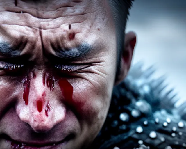 Prompt: justin sun crying as night king in game of thrones, extreme close - up of tears made of water, crimson - black bee army behind, 4 k, epic, cinematic, focus, movie still, fantasy, extreme detail, atmospheric, dark colour, sharp focus