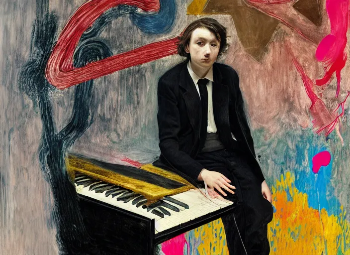 Image similar to portrait of a child piano player in suit waiting, vincent lefevre and hernan bas and pat steir and hilma af klint, psychological, photorealistic, dripping paint, washy brush, rendered in octane, altermodern, masterpiece