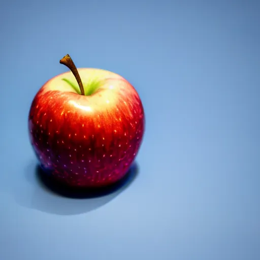 Image similar to professional photo of an apple that is blue, with a glowing gold aura around it, highly detailed, extremely high quality, hd, 4 k, 8 k, professional photographer, 4 0 mp, canon 3 0 0 mm, lifelike, top - rated, award winning, realistic, detailed lighting, detailed shadows, sharp, no blur, edited, corrected, trending