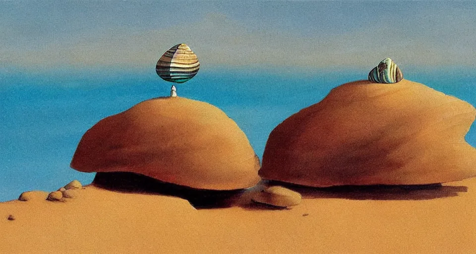 Image similar to oil painting of a tiny abalone seashell house on top of a rock, by roger dean, syd mead, cell, concept art, minimalist, cinematic color scheme