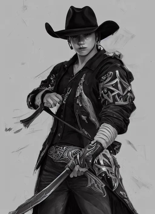 Image similar to a highly detailed illustration of bts v as focused cowboy wearing black cowboy hat, dramatic wielding gun pose, perfect face, intricate, elegant, highly detailed, centered, digital painting, artstation, concept art, smooth, sharp focus, league of legends concept art, wlop