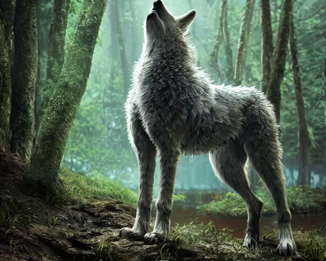 Image similar to a wolf standing on a riverbank in a forest, natural lighting, very coherent, ultra realistic, concept art, intricate details, highly detailed, photorealistic, octane render, 8 k, unreal engine