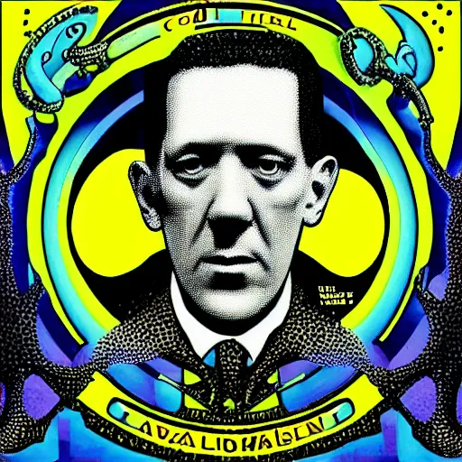 Image similar to h p lovecraft releasing his early 2 0 0 0's techno album, cool colors