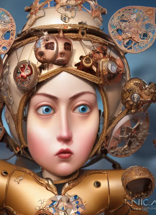 Image similar to closeup profile portrait of tin toy girl joan of arc, bikini, depth of field, zeiss lens, detailed, symmetrical, centered, fashion photoshoot, by nicoletta ceccoli, mark ryden, lostfish, breathtaking, 8 k resolution, extremely detailed, beautiful, establishing shot, artistic, hyperrealistic, octane render
