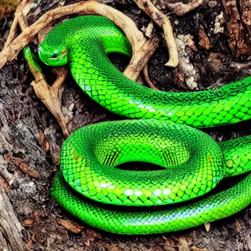 Image similar to a green serpent snake, viper, green mamba, snake in a tree