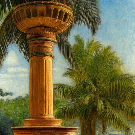 Prompt: a ultradetailed beautiful painting of a old fountain in the amazonas palace balustrade designed by jules bastien - lepage, tarsila do amaral, frank weston and gustave baumann, beach, trending on artstation, mediterranean, palm trees, sharp focus, soft light, 8 k 4 k