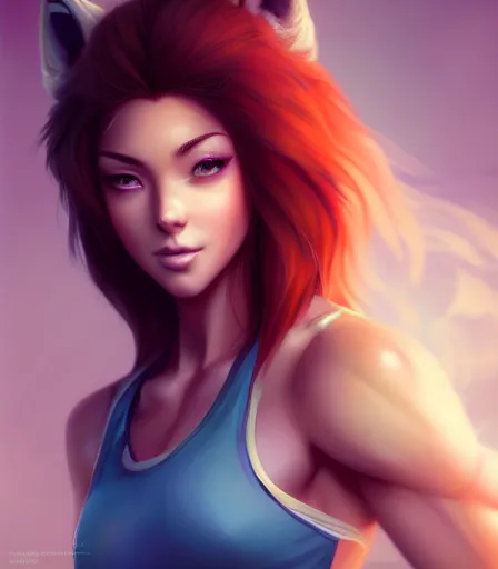 Image similar to beautiful portrait of a gorgeous personal trainer who looks like Krystal the Fox , character design by charlie bowater, ross tran, artgerm, and makoto shinkai, detailed, soft lighting, rendered in octane