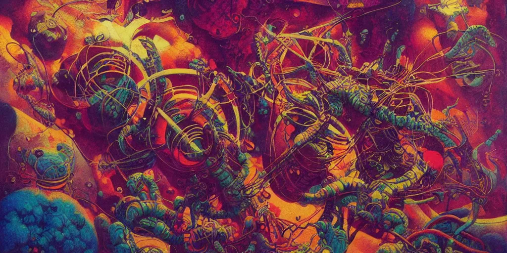 Prompt: colourful afrofuturist biomorphic opart, hendrix, pascal blanche, josh kirby, roger dean, giger, arthur rackham, moebius, syd mead, beksinski, greg hildebrandt, scifi, 8 k