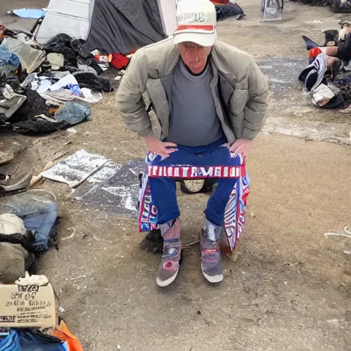 Image similar to homeless Donald Trump in a homeless camp, wearing cheap dirty clothes and maga hat, dirty Donald trump